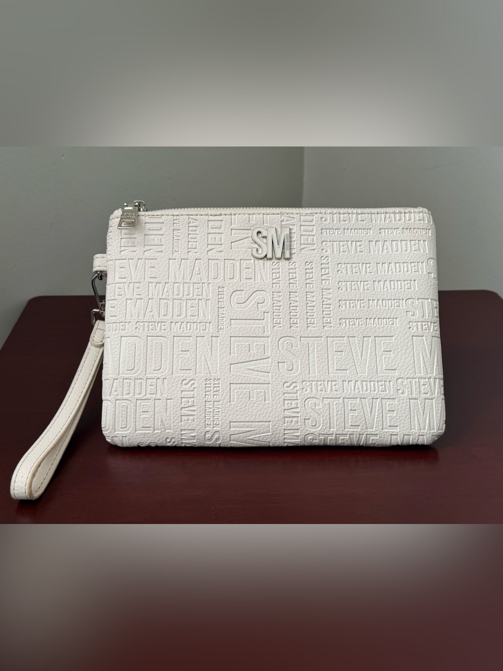 Steve Madden White All-Over Embossed Logo Monogram Wristlet Clutch